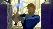 Arthur glaring at Ruber after he rebounded the latter with Excalibur.