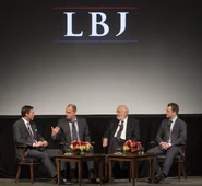 LBJ (film) 2.jpg (1.89 MB) (L–R) Mark Updegrove (LBJ Library Director), Woody Harrelson, Rob Reiner and Joey Hartstone participate in a discussion following a screening of the film LBJ at the LBJ Presidential Library