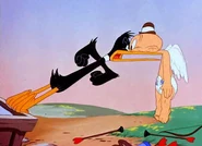 Daffy stops Cupid Elmer from shooting his arrow at him.