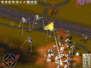 A Scout Machine and Fighting Machines attacking a swarm of human vehicles.