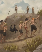 Иллюстрация, изображающая как Охотники возвращаются со своей добычей — убитой дикой свиньей. На головах некоторых охотников видны черные шапочки — напоминание о церковном прошлом мальчиков.