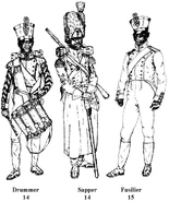 Барабанщик, сапер и фузилер 7-го линейного полка, 1811 - 1814 гг.