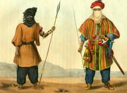 Armed Tuareg men depicted in a French book of 1821. Both men carry spears and the tellak dagger attached to the left forearm, the man on the right (a noble) is also armed with the takouba sword.