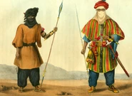 Armed Tuareg men depicted in a French book of 1821. Both men carry spears and the tellak dagger attached to the left forearm, the man on the right (a noble) is also armed with the takouba sword..jpg (460 КБ) Туареги из французской книги 1821 г. Вооружены подобными копьями с остриями с обеих сторон.
