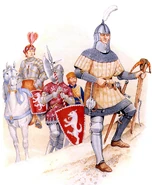 Венецциа23.jpg (768 КБ) Слева-направо: рыцарь из венецианской колонии Шибеник в Далмации, середина XV века; далматский пехотинец, около 1440 года; итальянский крестьянин-ополченец с луком, около 1440 года; далматский арбалетчик с кранекином, около 1440 года.