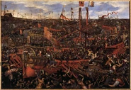 Битва у мыса Савудрия (Истра), 1177 г. Люди и галеры представлены так, как они выглядели в XVI-м веке.
