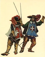 Гвардеец кардинала (слева) сражается с королевским мушкетером.