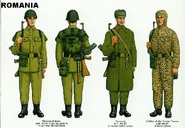 Основная униформа армии с 60-ых годов. Слева направо: солдат в летней форме одежды, солдат в зимней форме одежды, солдат в масхалате.