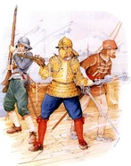 Venetti.jpg (786 КБ) На борту одного из венецианских кораблей, слева-направо: венецианский аркебузир, начало XVII века; адмирал Томмазо Морозини, около 1647 года (данная фигура показывает общий внешний вид венецианских адмиралов того времени); скаполи (доброволец на галерах), начало XVII века.