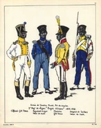 7-й линейный полк, 1812 - 1813 гг. Слева-направо: офицер, адъютант-майор, музыкант и сержант фузилеров.