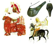 Img020401-09.jpg (27 КБ) 1. Роспись из Капуи, которая изображает кампанского всадника. Пострадала в ходе Второй мировой войны. Шлем воина практически идентичен тому, что изображен на стр. 109. На лошади защитный наглавник. 2. Нагрудник для боевого коня из музея Неаполя. 3. Наглавник — оттуда же. 4. Изображение всадника со штандартом типа флага. На коне какая-то форма нагрудника. Музей Пестума.