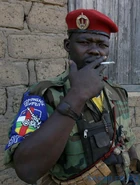 Военнослужащий роты артиллерийской поддержки ВС ЦАР. Видна нарукавная повязка с эмблемой части, которая, возможно, используется как парадный аксессуар вместе с полевой формой.