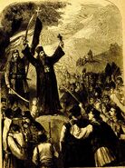 Священник призывает черногорцев и герцеговинцев на войну. Гравюра опубликована в ежегодном календаре (журнале) "Орао" (серб. "Орел") за 1877 г. Сам священник, однако, судя по всему, сербский.