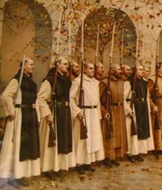 Вооруженные французские монахи во время обороны своего монастыря. Подобным образом (только с длинной бородой) выглядел и Жерамб, когда в 1830 г. храбро противостоял налёту боевиков и спас монастырь от разграбления.