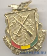Современная эмблема сухопутных войск Гвинеи. Такие же эмблемы, но меньше размером, носят на беретах и фуражках.