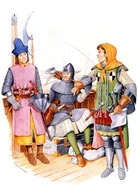 Венецциа1.jpg (832 КБ) Слева-направо: итальянский тяжелый пехотинец, около 1320 г.; североитальянский арбалетчик, около 1330 г.; венецианский рыцарь из семейства Коллалто, около 1340 г.