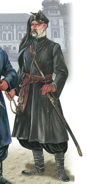 Чёрный запорожец, рисунок Алексея Руденко. Для придания себе наиболее "казацкого" вида этот боец надел длинный тканый пояс и поверх его кавалерийский поясной ремень. Он вооружен  на плечевой портупее и кавалерийским револьвером, который носился рукояткой вперед.