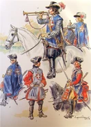 75e8dd3500.jpg (93 КБ) 4. Барабанщик и трубач, 1663 г. 7. Гобоист 1-й роты, 1750 г. 8. Мушкетер 2-й роты в плаще, 1756 г. 9. Униформа мушкетёров 2-й роты в 1775 г.