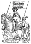 Капитан в сопровождении двух телохранителей с альшписами. Обращает внимание необычно большая длина наконечников, превышающая длину древка.