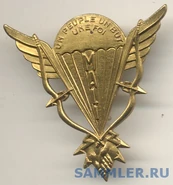 Знак парашютистов, на куполе парашюта — государственный девиз.