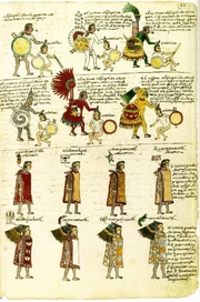 Пленник (малли) и пленивший его. В руках победителя богато украшенный щит, за спиной знак воинского отличия. См.верхнюю часть кодекса.