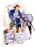 Венецциа5.jpg (813 КБ) Венецианский "браво" (слева), конец XVI века; венецианский рыцарь (справа), около 1600 года; беглый галерный раб (внизу), начало XVII века.