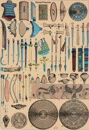 Вавилонское и ассирийское вооружение и предметы быта воинов:1. Чешуйчатый панцирь с удлинением сзади; 2, 3, 4, 8. Стоячие щиты и плетеный ручной щит; 5. Плоский круглый щит; 6, 7, 9 - 11. Выпуклые щиты с выступом; 12, 13, 15, 16. Топоры; 14. Двойной топор; 17  20. Кинжалы; 21. Серповидный нож; 22 - 28, 30. Мечи и оклад ножен; 29. Рукояти кинжалов; 31, 33, 34. Метательные копья; 32. Ударное копье; 35. Наконечник пики; 36 - 38, 40 - 42. Стрелы, колчаны и луки; 39. Щиток лучника для защиты руки; 43 - 47, 55. Жезлы и скипетр; 48. Колокольчики (без языков); 49. Сосуд для черпания; 50. Миска; 51, 56, 57. Лампы; 52, 53. Воронки; 54. Орнамент; 58 - 60. Крышки для котлов.