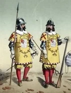 Копейщик (слева) и мушкетер Королевской гвардии Филиппа IV, XVII век.