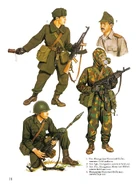 1. Солдат мотострелкового подразделения в летней полевой униформе; 2. Военнослужащих в полевом рогатом кепи; 3. Солдат мотострелкового подразделения в зимней униформе; 4. Боец в камуфляжном масхалате.