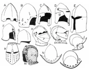 Веншлемы.jpg (93 КБ) Венецианские шлемы: A — венецианский бацинет, середина XIV века, в XV веке шлем обрезали, добавив глазницы; B — типичный североитальянский барбют, около 1350 г., C — шлем с подвесной правой височной пластиной (сама пластина отсутствует), первая половина XVI века; D — шлем с забралом и подвесной правой височной пластиной, первая половина XVI века; E — так называемый "коринфский" салад, середина XV века; F — салад с подвесной носовой пластиной, середина XV века; G — малый салад, середина XV века; H — миланский армет, конец XV века; I — миланский закрытый шлем, украшения не показаны, 1570 г.; J — бургиньот, украшения не показаны, конец XVI века; K — большой шлем из Больцано, около 1300 года; M — венецианский барбют, покрытый красным бархатом и украшенный позолоченными бронзовыми накладками, конец XV века; N и O — остроконечный и гребневый морион соответственно, украшения не показаны, конец XVI века.