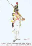 Капрал велитов-шассеров Королевской гвардии, 1809 г. В 1811 г. это формирование было преобразовано в 1-й полк гвардейский пеших велитов. Обратите внимание на положение перевязи — по всей видимости, это был характерный для гвардии стиль ношения этого элемента амуниции.