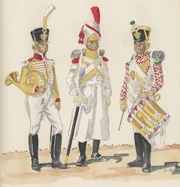 7-й линейный полк, 1811 - 1812 гг. Слева-направо: музыкант, сапер, барабанщик вольтижер.