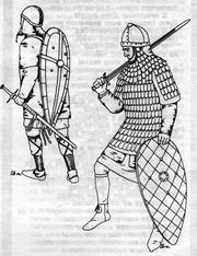 Участники Первого крестового похода, 1095 - 1099 гг.: лотарингский рыцарь (слева) и  из Южной Италии.