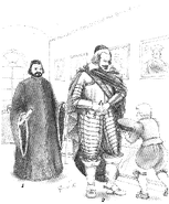 Cerimon.gif (15 КБ) XVII век, слева-направо: Savio alla scrittura, один из главных ответственных за венецианскую армию, одетый в зимнюю длинную одежду на меху и генеральный проведитор на Terra Ferma, который одет в полный комплект доспехов и красный плащ. Мальчик подает проведиторы символ его должности.