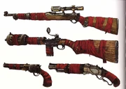 Оружие "Гласа Народа", обмотанное полосами красной ткани. Сверху вниз: снайперская винтовка , "поливалка" на базе , ручная пушка  (слева) и .