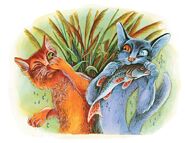 Рябинка и Кривуля пробуют рыбу. Из русскоязычного издания «Закона племён»