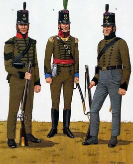 Португальські Касадори вчасів Наполеонівських воєн: <p>1. Сержант 9-го полку, 1811 - 1815 рр. </p><p>2. Офіцер 12-го полку, 1811 - 1815 рр. </p><p>3. Стрілець 3-го окремого полку, 1811 - 1812 рр.</p>