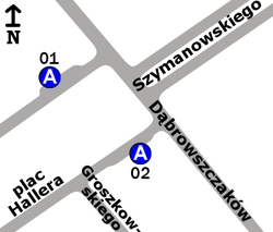 Schemat rozmieszczenia przystanków w zespole "Dąbrowszczaków" (stan przed likwidacją)