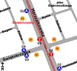 Schemat rozmieszczenia przystanków w zespole Metro Świętokrzyska