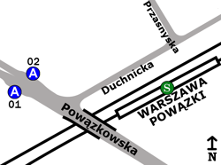 Schemat rozmieszczenia przystanków w zespole „PKP Powązki”