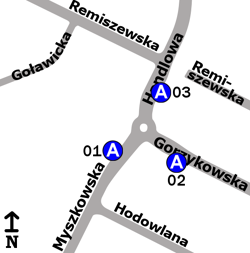Schemat rozmieszczenia przystanków w zespole „Myszkowska”