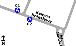 Schemat rozmieszczenia przystanków w zespole Księcia Bolesława