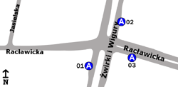 Schemat rozmieszczenia przystanków w zespole Rakowiec