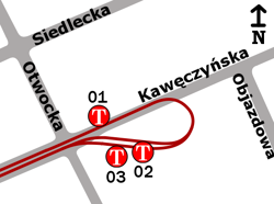 Schemat rozmieszczenia przystanków w zespole Kawęczyńska-Bazylika