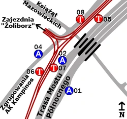 Schemat rozmieszczenia przystanków w zespole Zajezdnia Żoliborz