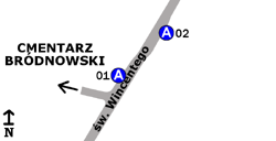 Schemat rozmieszczenia przystanków w zespole Cmentarz Bródnowski