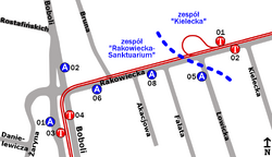 Schemat rozmieszczenia przystanków w zespołach "Kielecka" oraz "Rakowiecka-Sanktuarium"