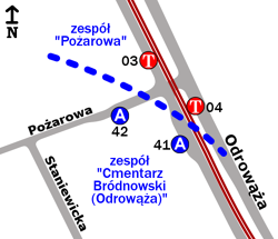 Schemat rozmieszczenia przystanków w zespole „Cmentarz Bródnowski (Odrowąża)”