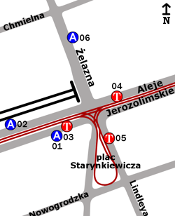 Schemat rozmieszczenia przystanków w zespole Plac Starynkeiwicza