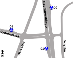 Schemat rozmieszczenia przystanków w zespole „Cybernetyki”